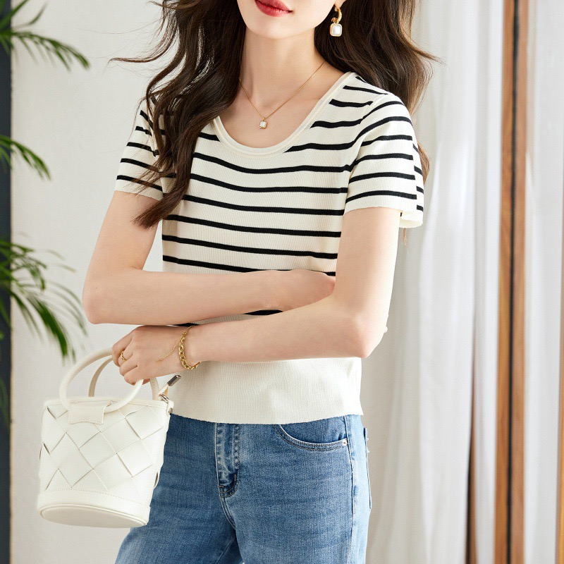 【Elegant】Tshirts O-Neck Striped Shirts Basic Short Top 2108