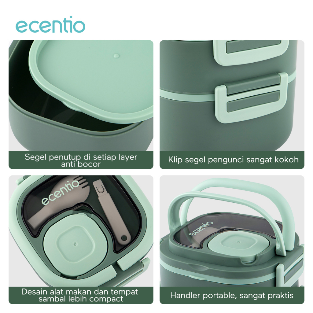 ecentio 2 susun Kotak Makan Dengan Sendok Gratis Anti Tumpah Rantang Susun Plastik Portable 1320ml BPA free