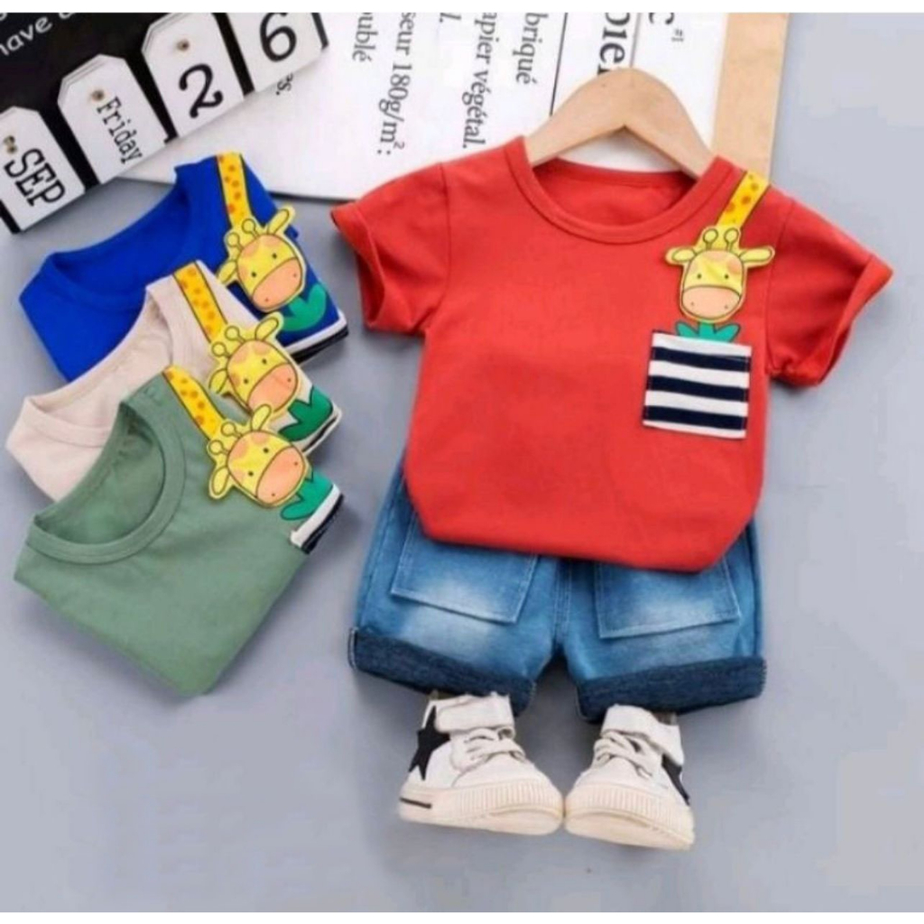 BISA BAYAR DITEMPAT/SETELAN ANAK TERBARU/BAJU ANAK LAKI LAKI DAN PEREMPUAN/ MOTIF JERAPAH DENIM 1-5 TAHUN