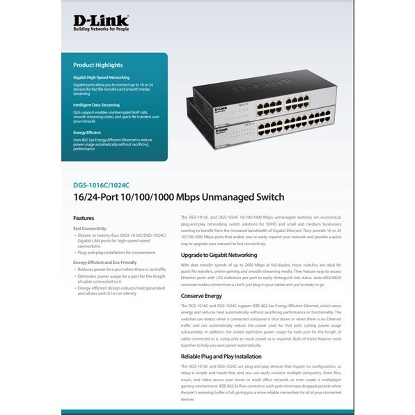 D-Link DGS-1016C 16 PORT  UNMANAGED STANDALONE GIGABIT SWITCH