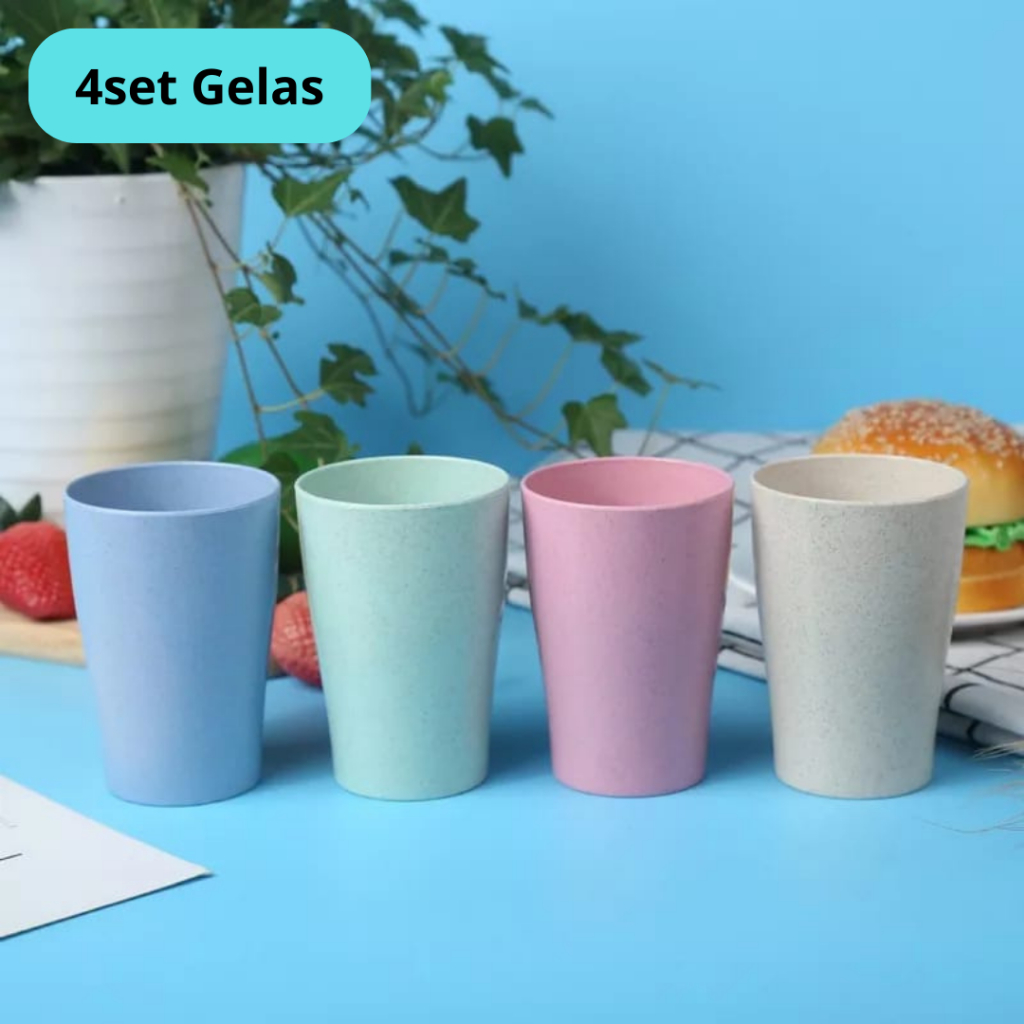 Set 4pcs Gelas Wheat Straw / Cangkir Tahan Jatuh BPA FREE