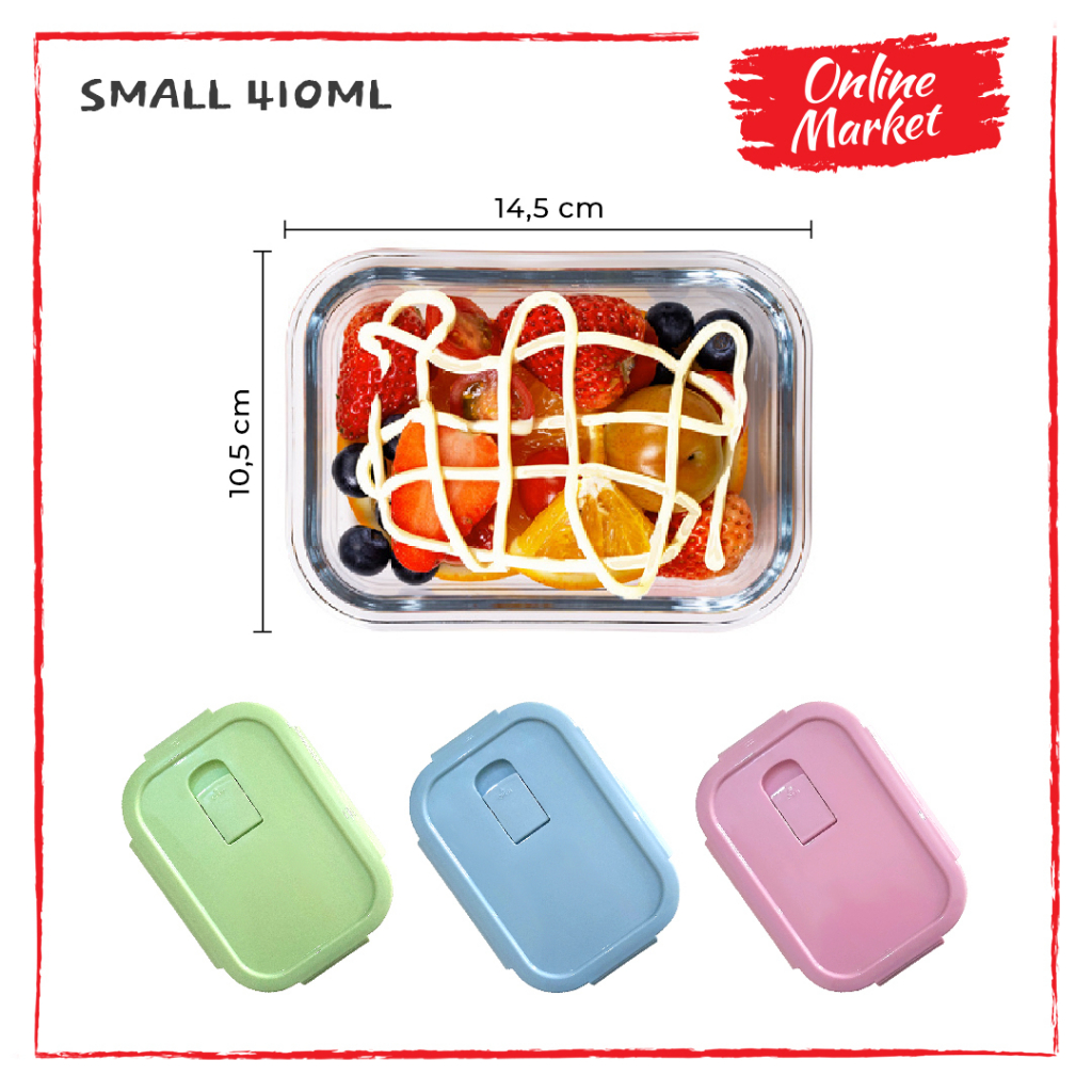 [SMALL 410ml] Lunch Box Kaca Tahan Panas - Kotak Makanan Kaca - Oven &amp; Microwave Safe - Glass Lock Anti-bocor