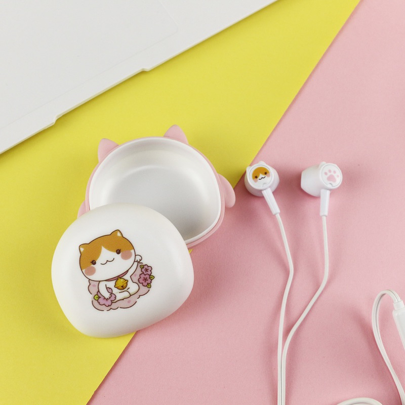 [ KI 353 ] Set Headset Earphone karakter  CAT SERIES + Wadah penyimpanan Earphone Motif in ear