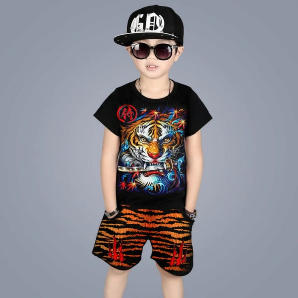 Baju Setelan Anak Umur 4-13tahun Gambar MACAN PEDANG / Baju Jumper Pendek Kaos + Celana