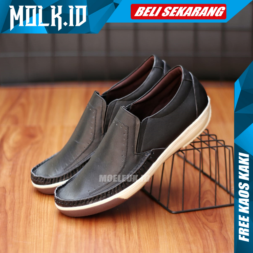 MOLK Sepatu Formal Pria Slip On Kulit Asli Pantofel Kerja Kuliah Santai Jalan Jalan