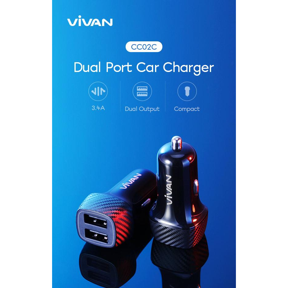 Car Charger VIVAN CC02C 3.4A Dual USB Smart IC Quick Charging Mobil Original Garansi Resmi 1 Tahun