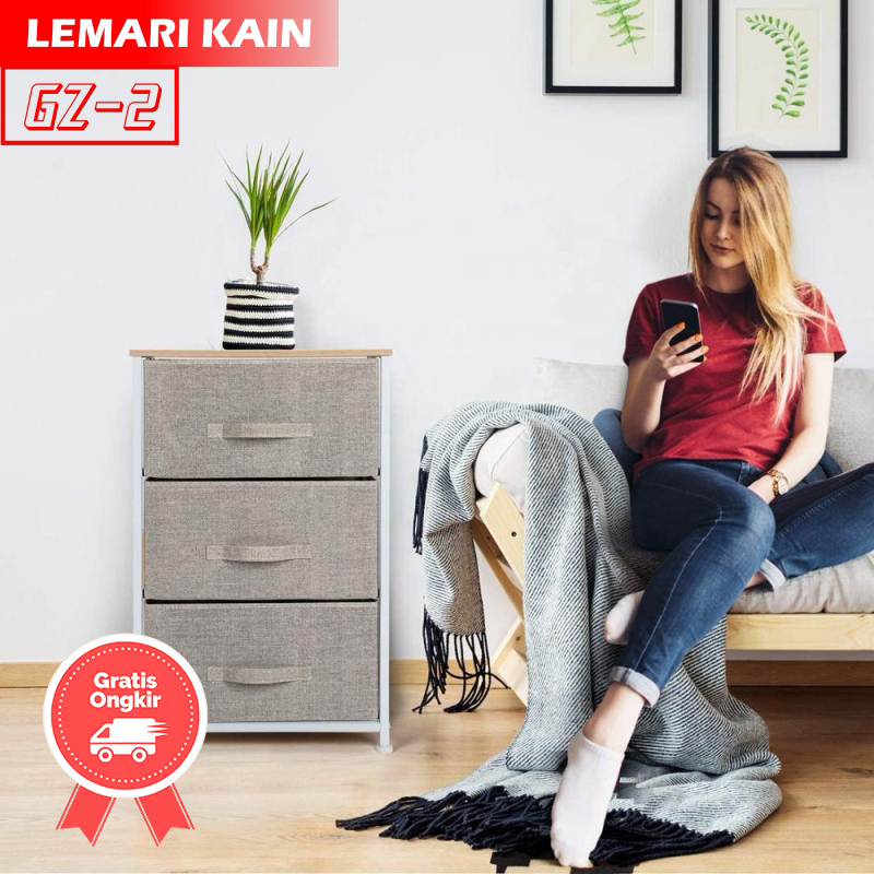 Lemari Kain Linen 3Laci Lemari Sisi Ranjang Portable