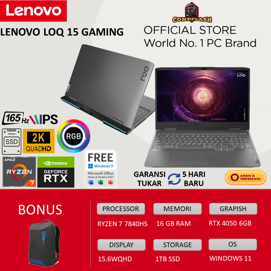 LAPTOP LENOVO LOQ 15 GAMING  - RYZEN 7 7840HS RTX4050 6GB RAM 8GB 512SSD WINDOWS 11 15.6 WQHD 165HZ 100SRGB