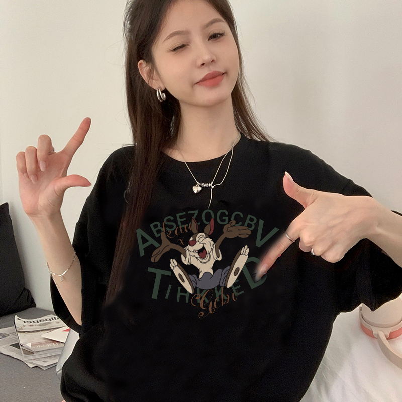 Print T-shirt Kaos Lengan Pendek Cartoon Happy Bunny Oversize Atasan Wanita Korean Style