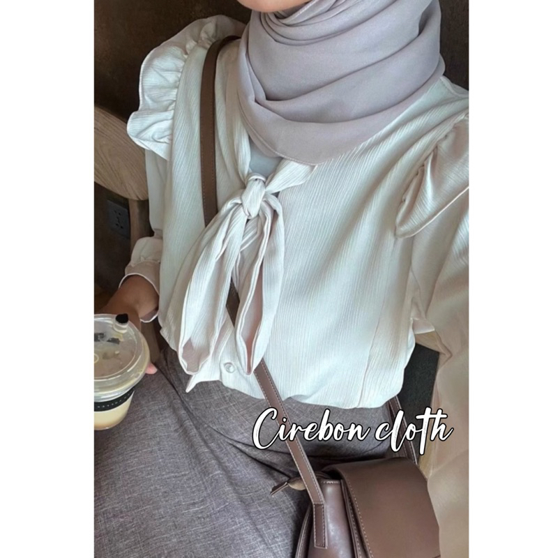 LEIVY KOREAN BLOUSE RIBBON - Cirebon Cloth - KEMEJA AIRFLOW CRINKLE ATASAN WANITA RUFFLE PITA AESTHETIC