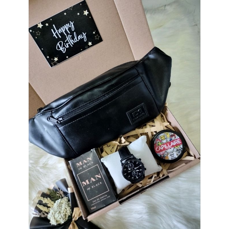 

hampers gift box / kado cowok WAISTBAG tas selempang / kado pacar series black