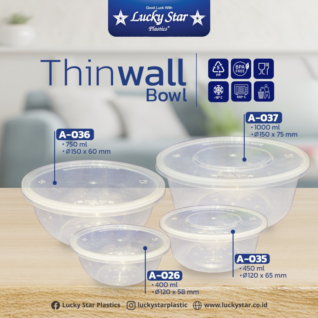 Kotak makan plastik/ thinwall bowl / thinwall bulat / 400ml 450ml 750ml / Lucky Star