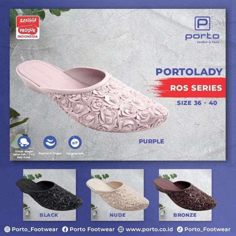 Sandal Slop Wanita | Wedges Terbaru | Wedges Motif Rose Porto | Merek PortoLady
