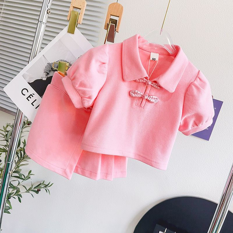 Setelan Anak Perempuan Polo Polos Mini Rok Motif Kancing Kepang Pink Dan Hijau