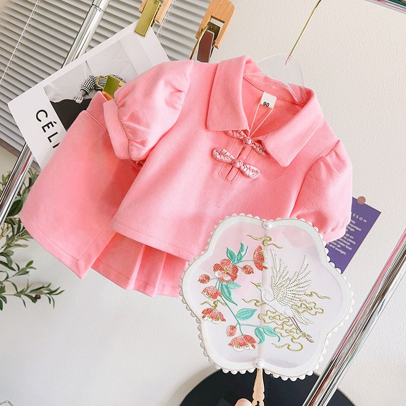 Setelan Anak Perempuan Polo Polos Mini Rok Motif Kancing Kepang Pink Dan Hijau