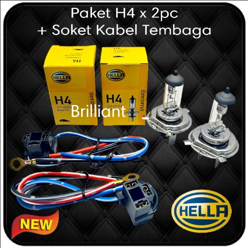 Paket H4 HELLA Original 100% - 2pc Halogen + Soket Tembaga