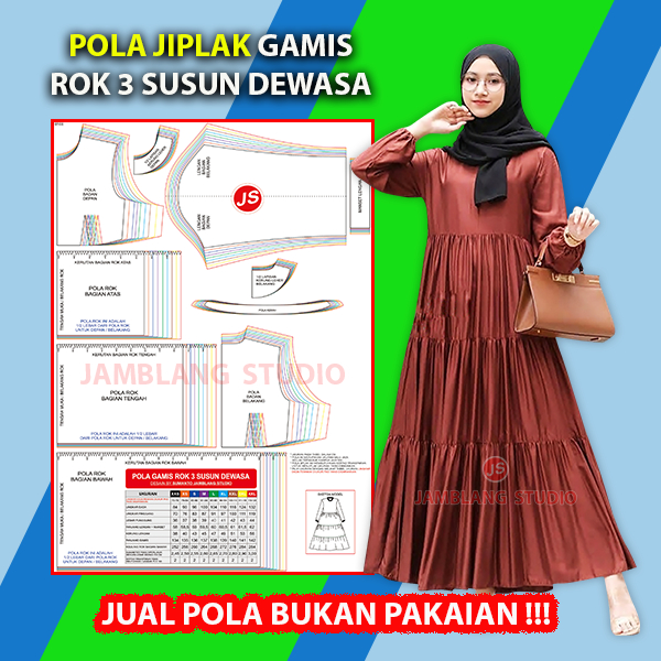 Pola Jiplak Gamis Susun 3 Dewasa [ Pola Baju Jamblang Studio ] Pola Gamis Susun