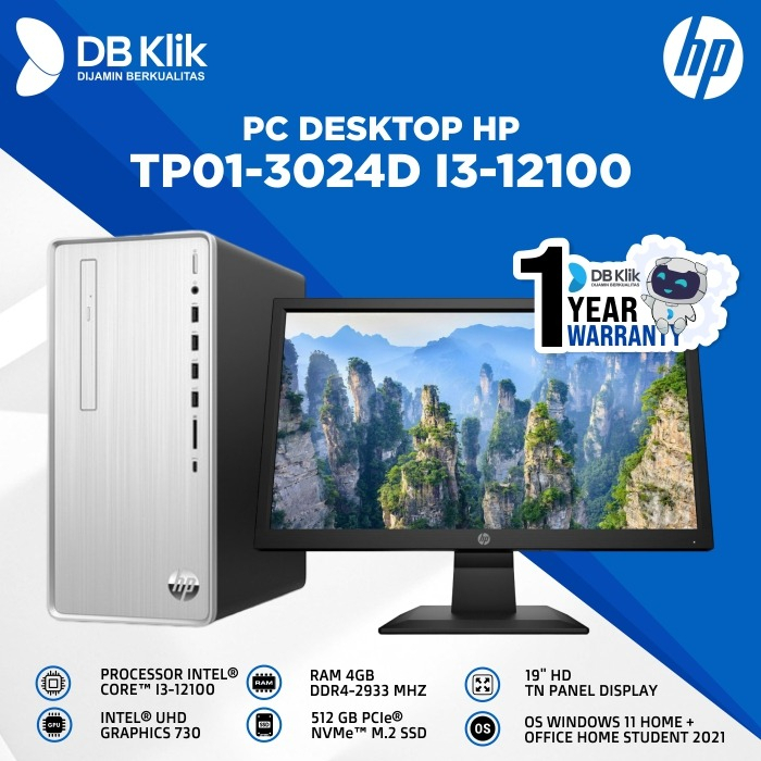 PC Desktop HP TP01-3024d i3-12100 4GB SSD 512GB NoDVD WIN11+OHS 19.5&quot;