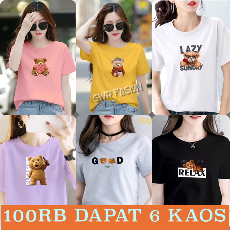 KAOS WANITA | 100RB Dapat 6 KAOS MOTIF TEDY BEAR | BAJU T-Shirt CWe DISTRO DEWASA BISA UNTUK PRIA DA