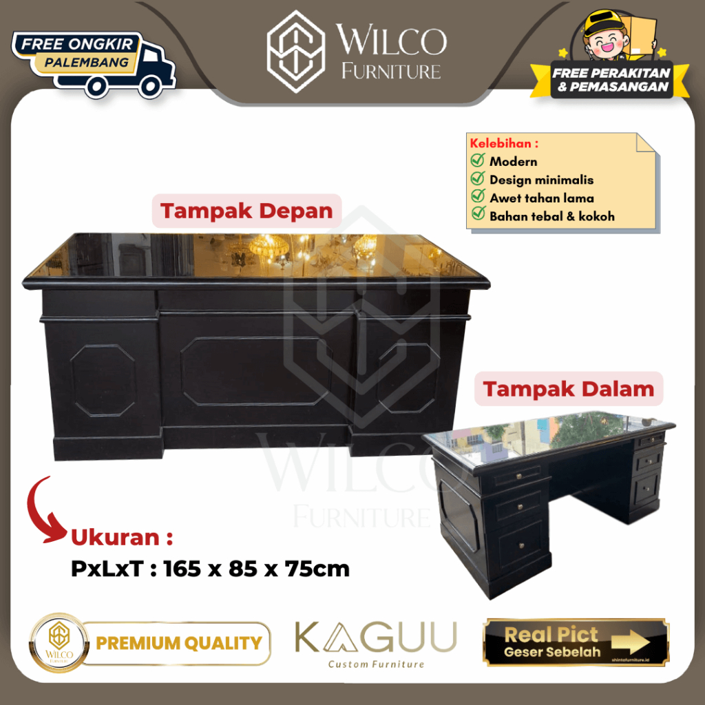 Meja Kantor Direktur 1 Biro HPL Custom Classic Profil KAGUU / Meja Kantor Hitam 165cm