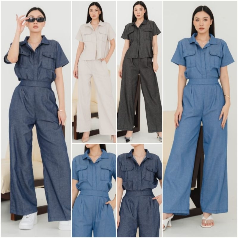 ♡ PREMIUM ♡ ORIGINAL ! MARCELLA 2 IN 1 DENIM JEANS SET COLLAR BUTTON POCKET SHIRT WITH LONG CULLOTE PANTS ( BUSUI FRIENDLY )