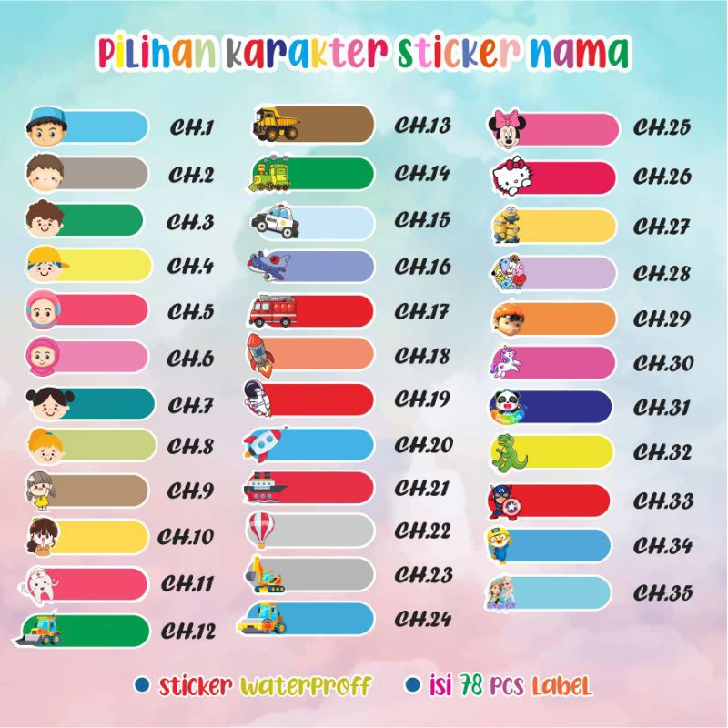 

78 pcs STICKER LABEL NAMA ANAK WATERPROFF TAHAN AIR TINGGAL KLETEK