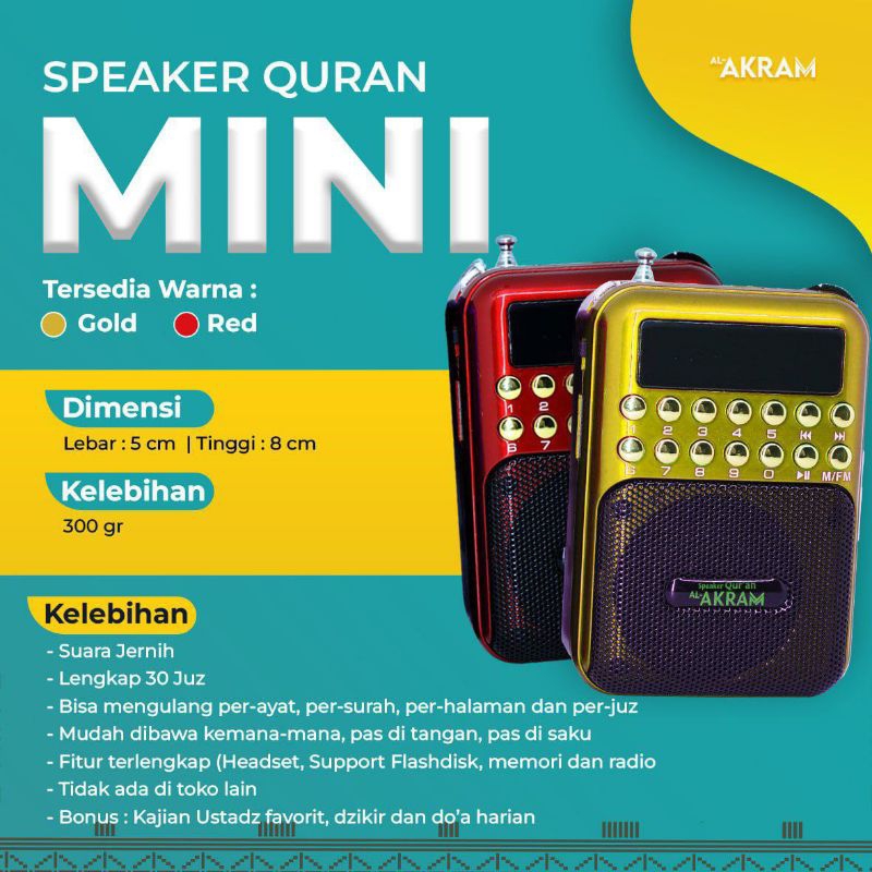 Speaker Al Akram Mini Spiker Murotal Quran Support Headset Flashdisk Radio Speker Murottal 30 Juz