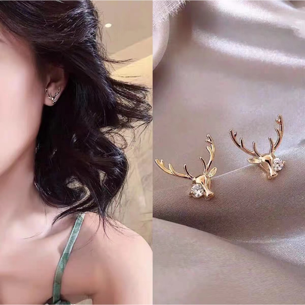 Anting Tusuk Desain Tanduk Rusa Hias Zircon Untuk Wanita Fashion Earrings Import
