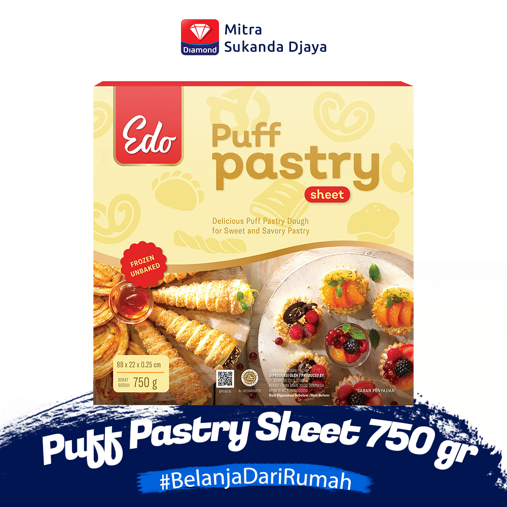 

Edo Puff Pastry Sheet 750Gram | Danish Pastry Sheet 750gr | Adonan Kue Puff | Cromboloni Roti Lembar Beku - 750Gr