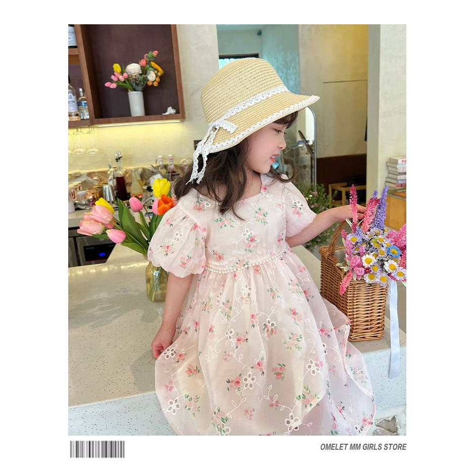 Dress Anak Perempuan Motif Bunga Mawar Pink Square Neck Pinggang Mutiara