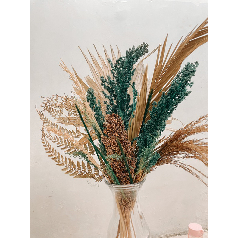 Bunga kering hiasan di dalam vas kaca tinggi 50-60cm