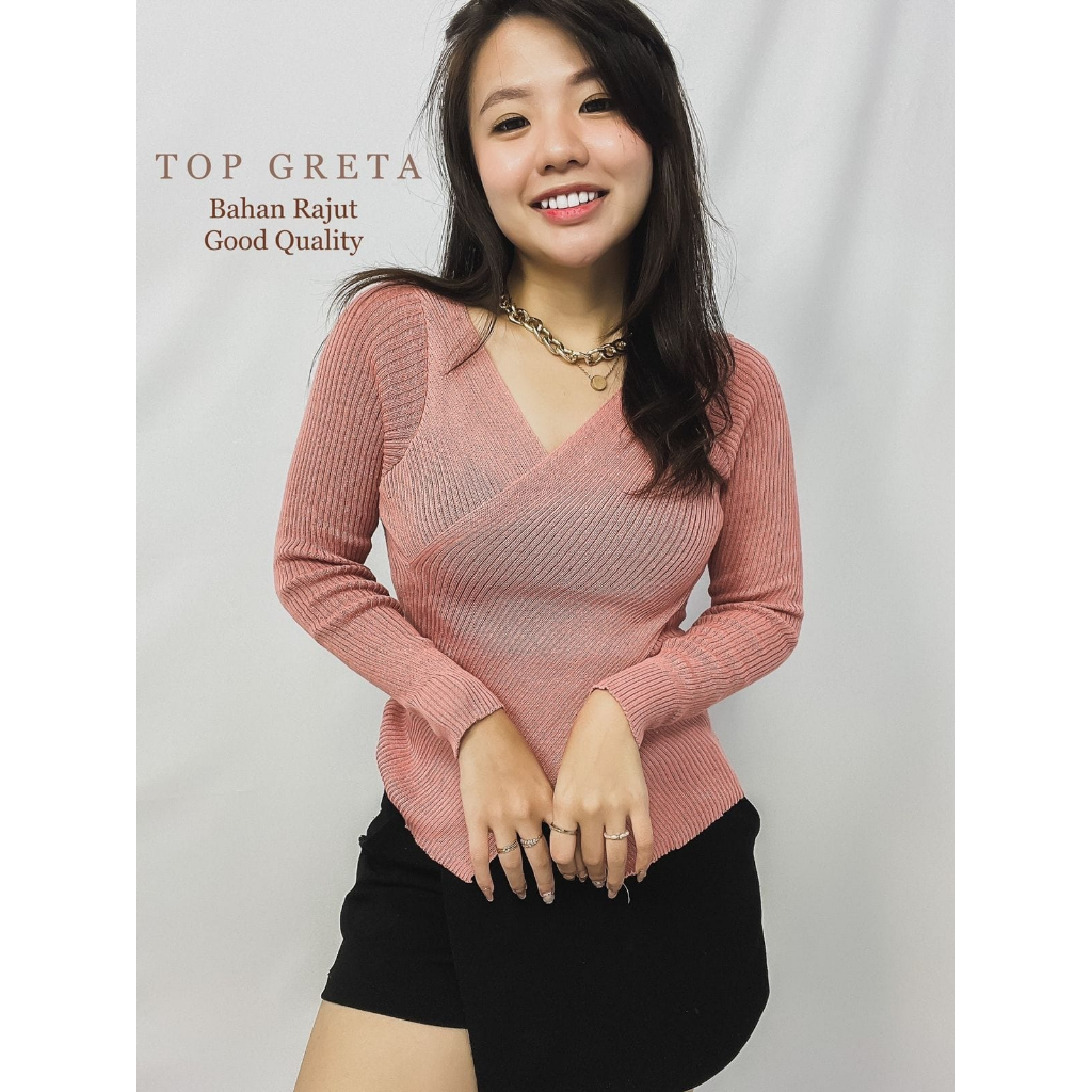 HOPYLOVY Greta Knit Top Blouse Wanita bahan Rajut Lengan Panjang