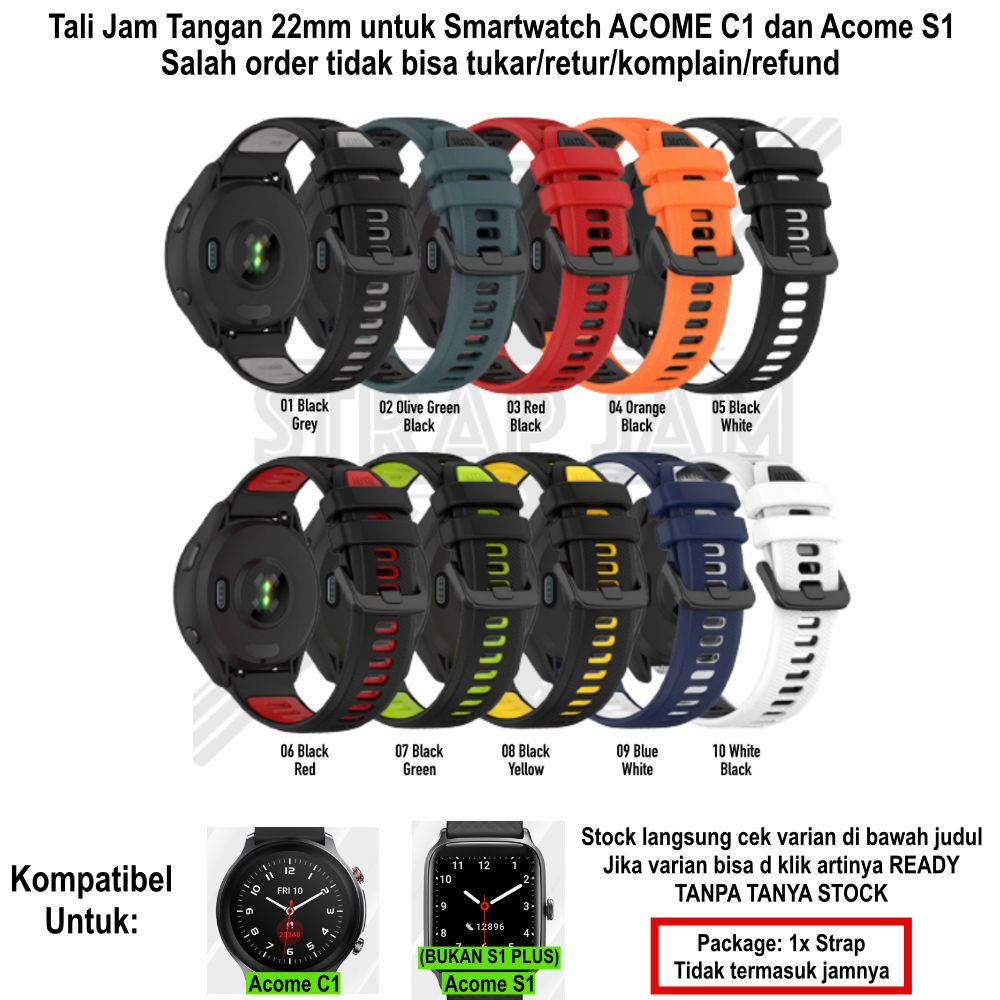 TTC 22mm Tali Jam Acome C1 (Bulat) / S1 (Kotak) - Silikon Sporty Two Tone Quick Release