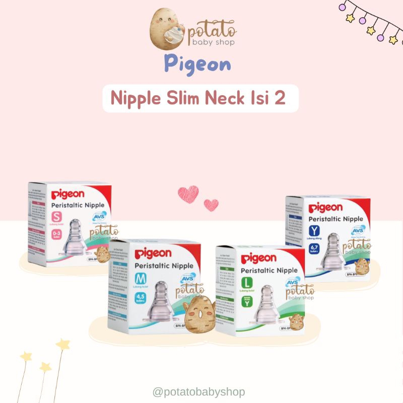 PIGEON Slim Neck Nipple Isi 2/ Dot botol susu Bayi Dot Silikon S M L Y-Cut