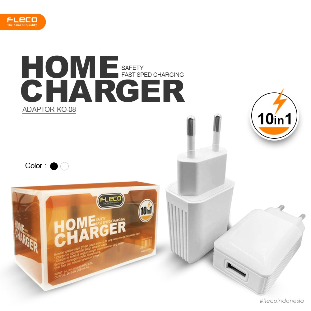 PERBOX ISI 10PCS BATOK CHARGER FLECO KO-08 2.4A ORIGINAL 1USB FOR ALL SMARTPHONE PROMO SEN