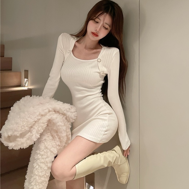 【Premium】Korean Long Sleeve Mini Dress Casual BodyCon  2142