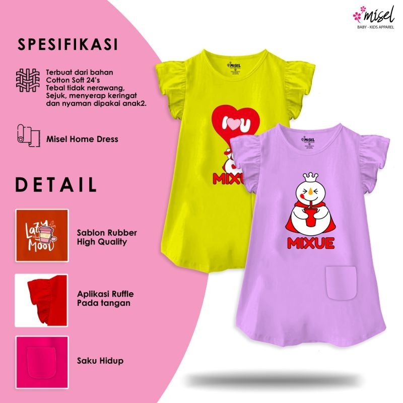 Baju Dress Kaos Anak Perempuan Cewek Misel Motif Mixue Usia 2 3 4 5 6 7 8 Tahun.