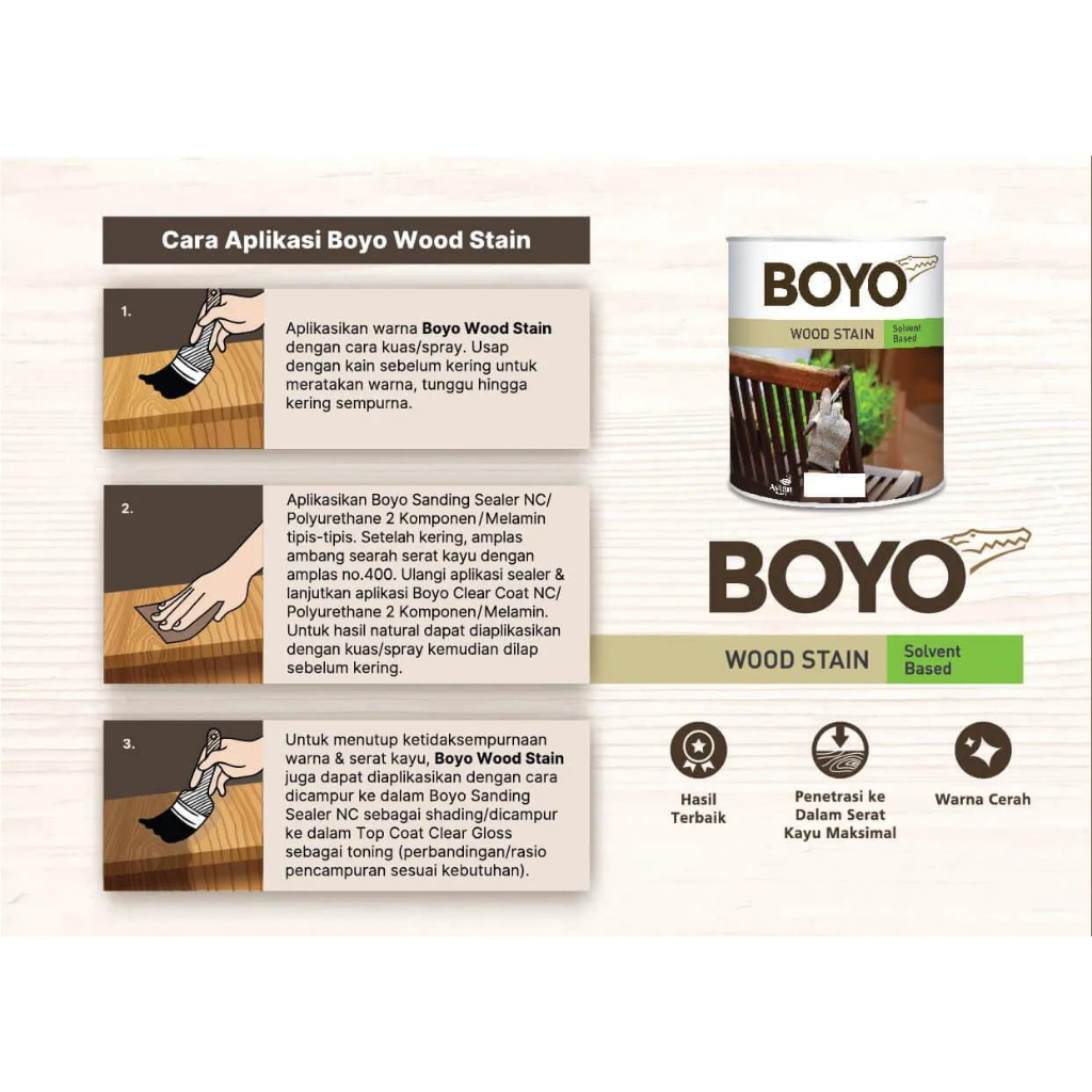 BOYO WOOD STAIN CAT KAYU PILITUR SOLVENT BASE  BASED AVIAN THINER 1KG