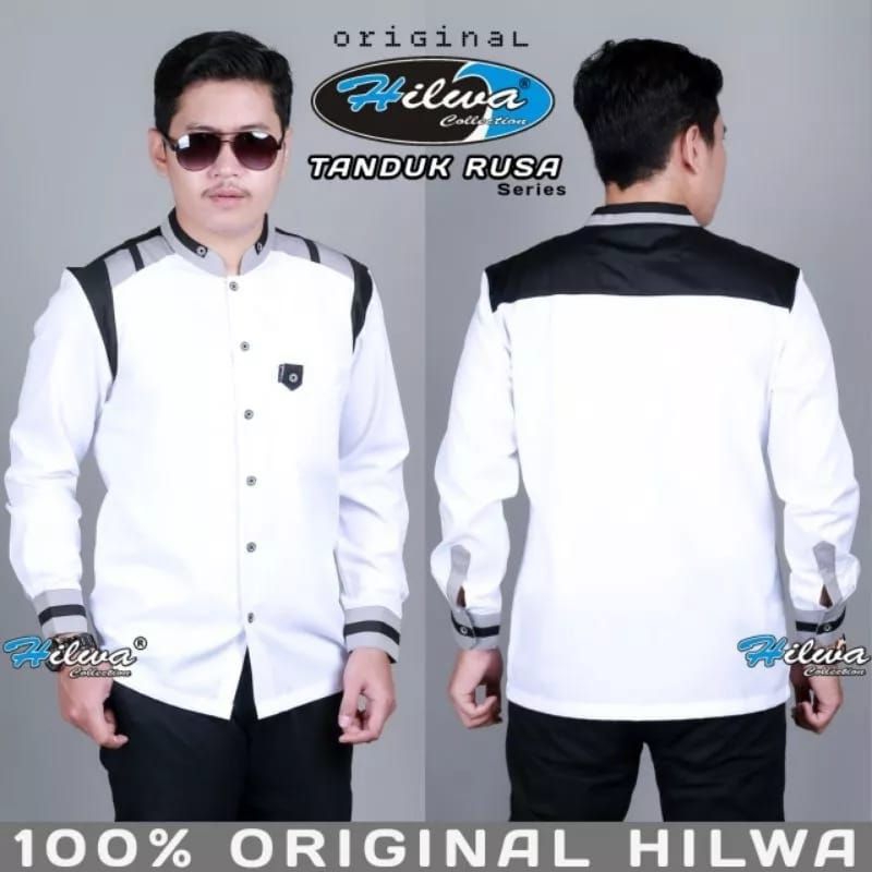 Hilwa official Atasan pria warna putih Baju koko hilwa tanduk rusa putih abu - abu | kemeja pria dew