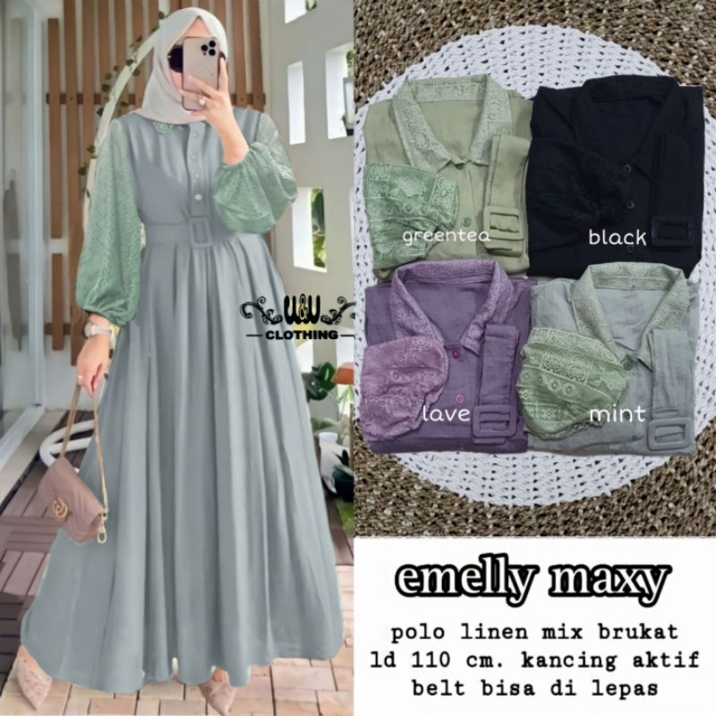 EMELLY MAXY DRESS KONDANGAN OOTD FASHION WANITA KEKINIAN GAMIS POLO LINEN MIX BRUKAT BUSUI FRIENDLY 
