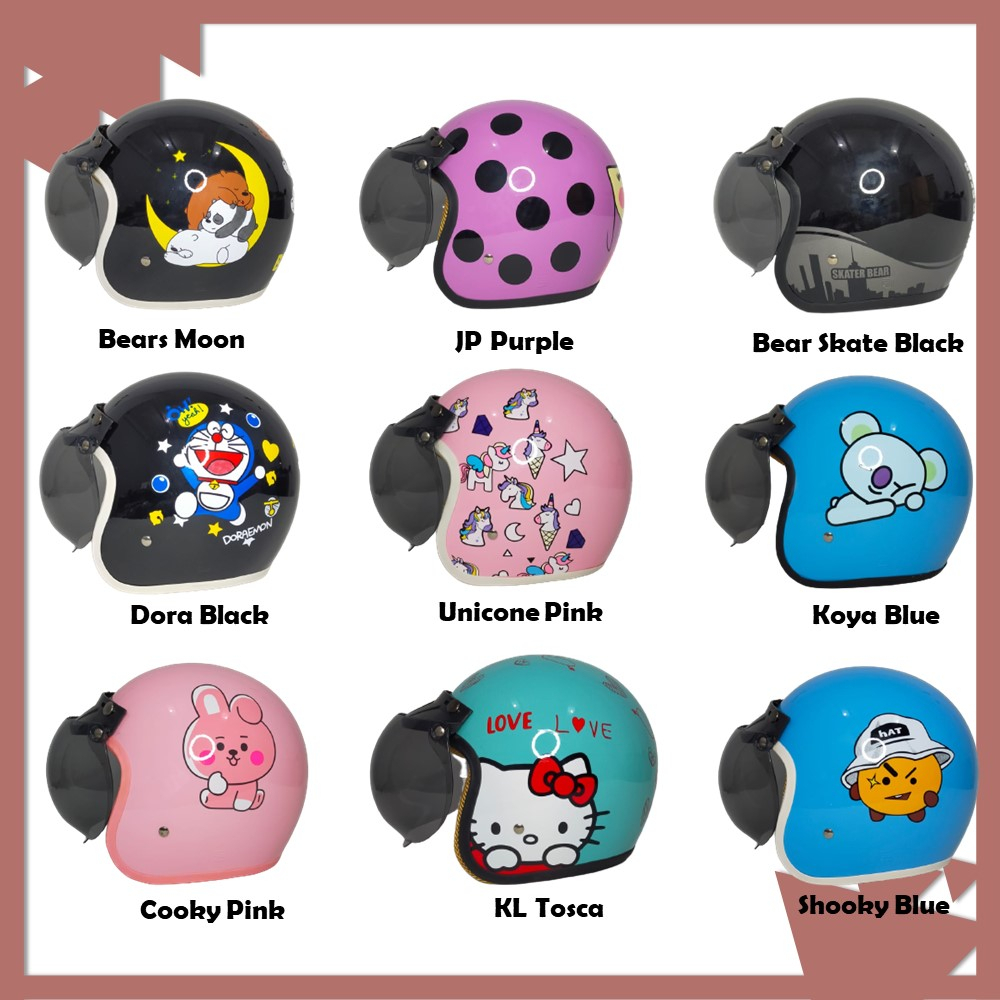Helm Retro Junior Full Cat Motif Karakter Lucu Unik Murah Plus Kaca Cembung atau Datar