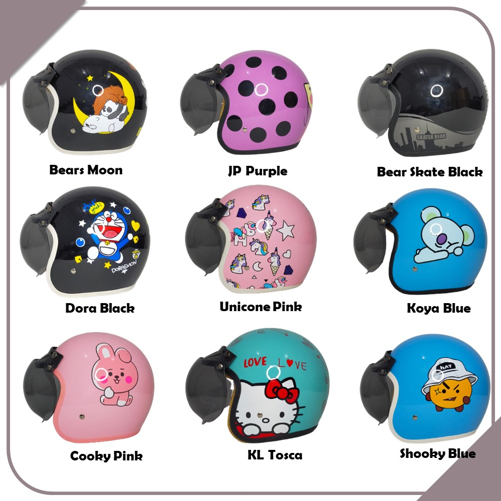 Helm Retro Junior Full Cat Motif Karakter Lucu Unik Murah Plus Kaca Cembung atau Datar
