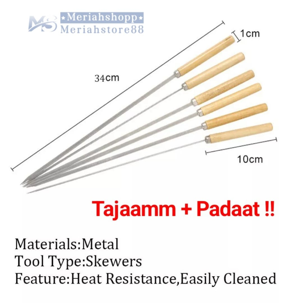 Alat Tusuk Penusuk Sate Panjang 34cm Stainless Tebal FOODGRADE Handle Gagang Kayu BBQ fork dagiing a