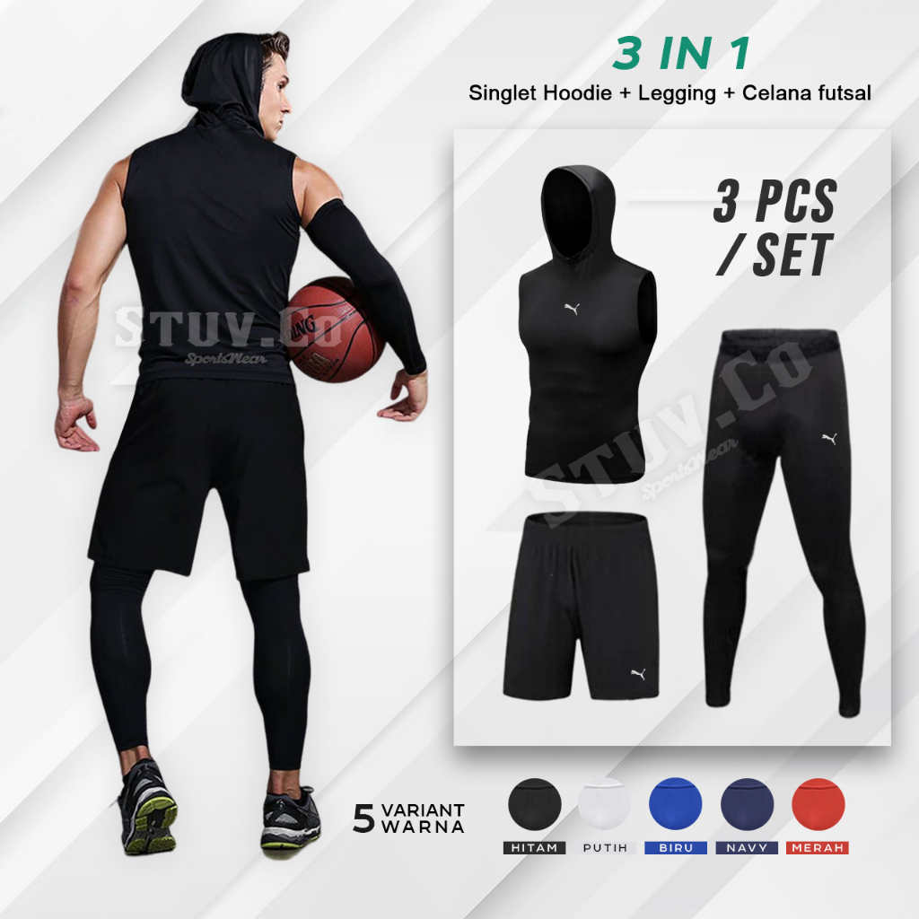 PAKET 3IN1 BASELAYER OLAHRAGA SINGLET HOODIE LEGGING PANJANG DAN CELANA DRYFIT FUTSAL SEPAKBOLA BASKET GYM FITNESS JOGGING LARI