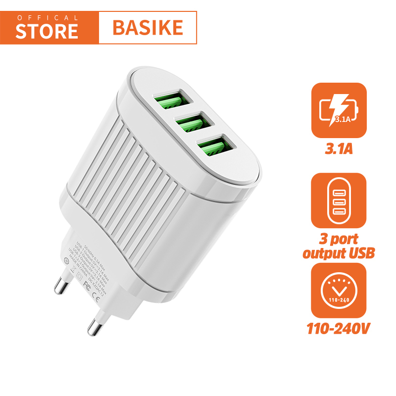 BASIKE Charger Adaptor Fast Charging iPhone oppo samsung xiaomi USB*3 15W iOS Android Universal-A106 Putih