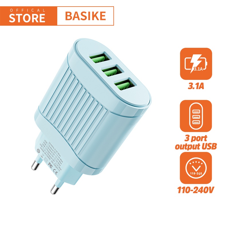 BASIKE Charger Adaptor Fast Charging iPhone oppo samsung xiaomi USB*3 15W iOS Android Universal-A106 biru