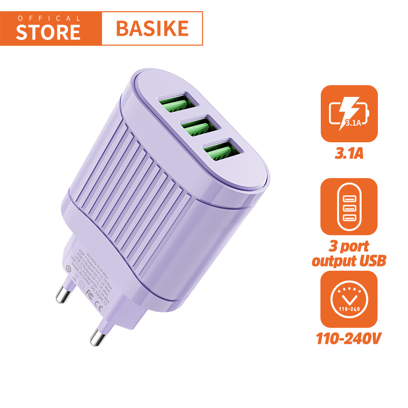 BASIKE Charger Adaptor Fast Charging iPhone oppo samsung xiaomi USB*3 15W iOS Android Universal-A106 Ungu
