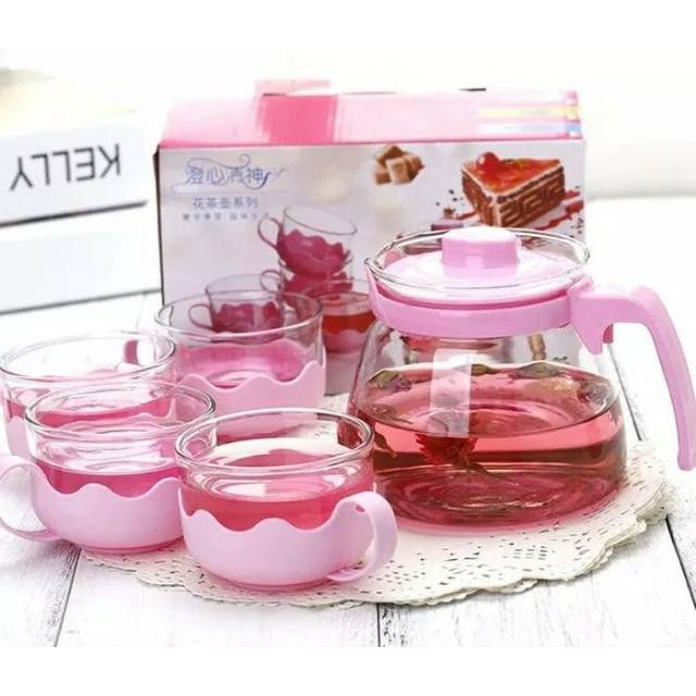 DC B ( B63 ) TEA POT KACA WARNA SET 5 IN 1 PREMIUM / TIDAK BISA MEMILIH