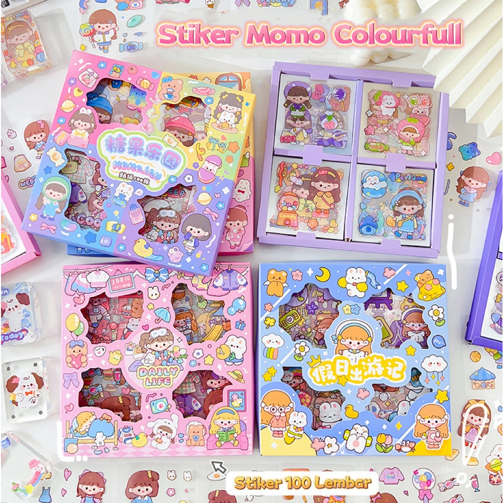 Stiker Box MOMOJAN 2D Aesthetic Decor Jurnaling Lucu Sticker Korean Style Anti Air isi 100 Lembar