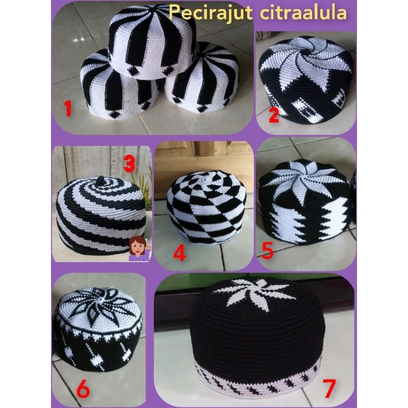 kopyah rajut handmade hitam putih